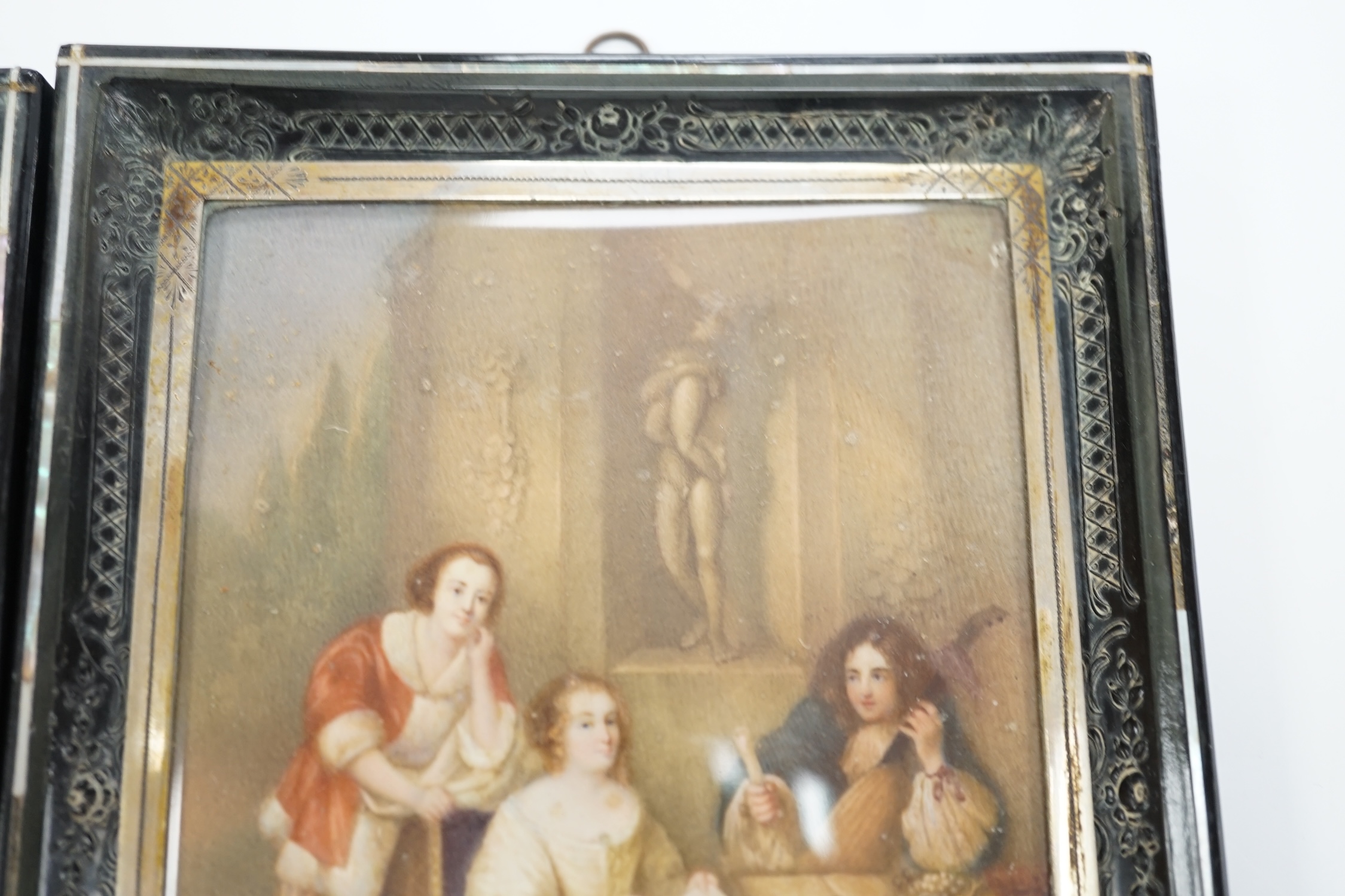 A pair of mid 19th century watercolour miniatures on ivory, Queen Victoria and three figures wearing 17th century dress, housed in inlaid and ebonised frames, 13 x 9cm CITES Submission reference 644V5FRS